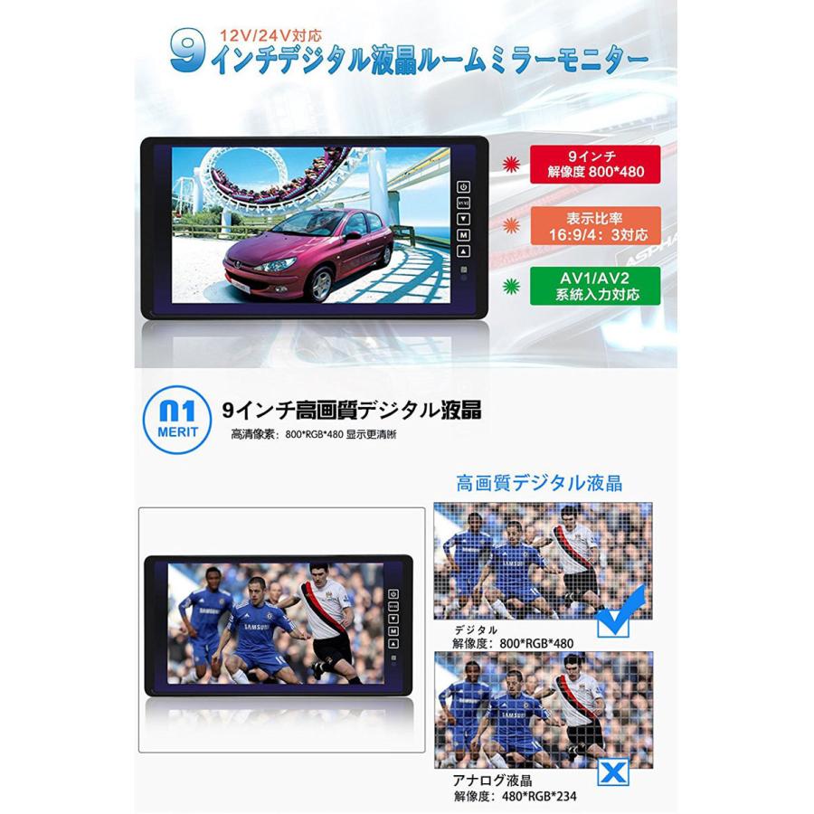 一年間保証付き】9インチ ルームミラーモニター タッチボタン 12V/24V