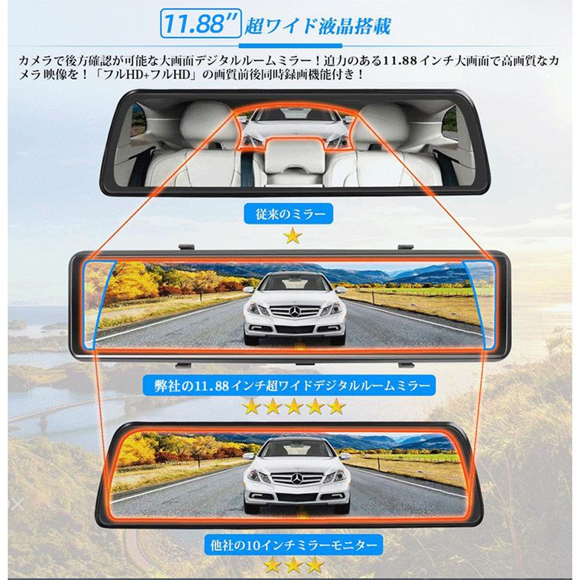 11.88インチ 2カメラ 前後同時録画 デジタルルームミラー ドライブ