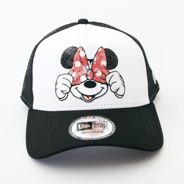 ニューエラ NEWERA 帽子 9FORTY A-Frame トラッカー ディズニー ミニーマウス スパンコール ブラック / ホワイト