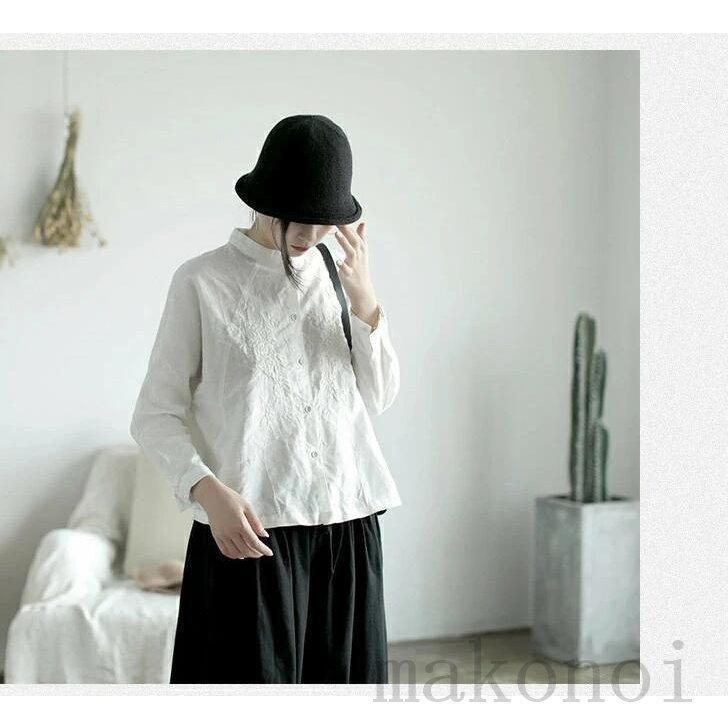 シャツ ブラウス 綿 麻 レディース 長袖 白シャツ 刺繍 花柄刺繍 シャツ ブラウス 綿 麻 レディース 長袖 白シャツ 刺繍 花柄刺繍
