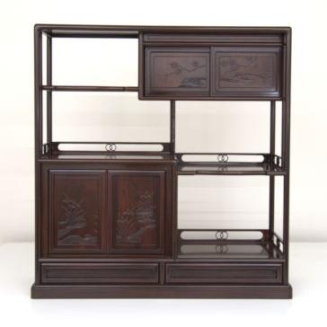 在庫処分品 飾り棚 紫檀 3.8尺棚 巾109cm 隅丸 上2枚戸 彫り入り 漆仕上げ no.3001_1