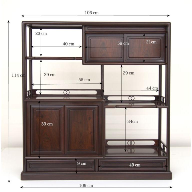 在庫処分品 飾り棚 紫檀 3.8尺棚 巾109cm 隅丸 上2枚戸 彫り入り 漆仕上げ no.3001_2
