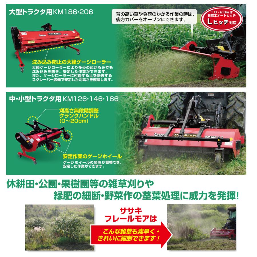 フレールモア　KM166G-MT　ササキ　草刈り　小型・中型トラクタ用　緑肥化　三菱トラクタ用ヒッチ仕様　刈幅160cm　ガンマナイフ　JIS特殊4P　雑草処理　A2形