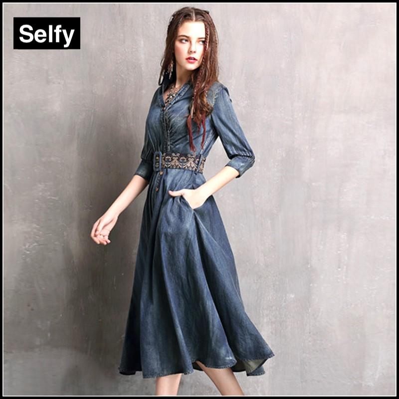 デニムワンピース コーデ 40代 刺繍 シャツワンピース レトロ ワンピース 民族衣装 ウエストベルト ネイビー 刺繍入りフレアスカート 7部 ミモレ丈 ワンピース pr04nv7 001 Selfy 通販 Yahoo ショッピング