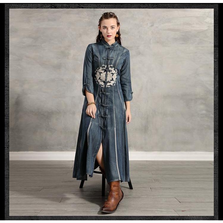 デニムワンピース コーデ 40代 刺繍 チャイナドレス レトロ ワンピース チャイナ風ワンピース フレアスカート マキシ丈ワンピース 7部袖 レディース pr04nv7 056 Selfy 通販 Yahoo ショッピング