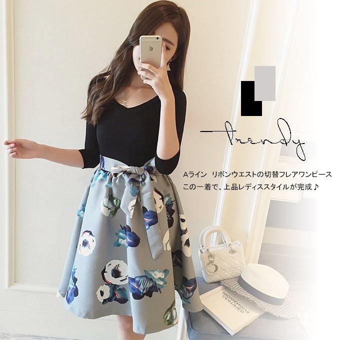 夏バーゲンsale ａライン 切替フレアワンピース 花柄 Vネック 01op4022 夏黎 通販 Yahoo ショッピング