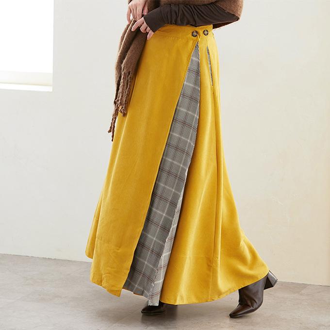 在庫処分 スエードスカート グレンチェック柄 マキシ丈 切り替え  