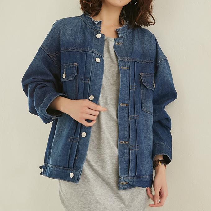 デニムジャケット レディース コットン ノーカラー 長袖 アウター デニムコート トップス M L|karei|11