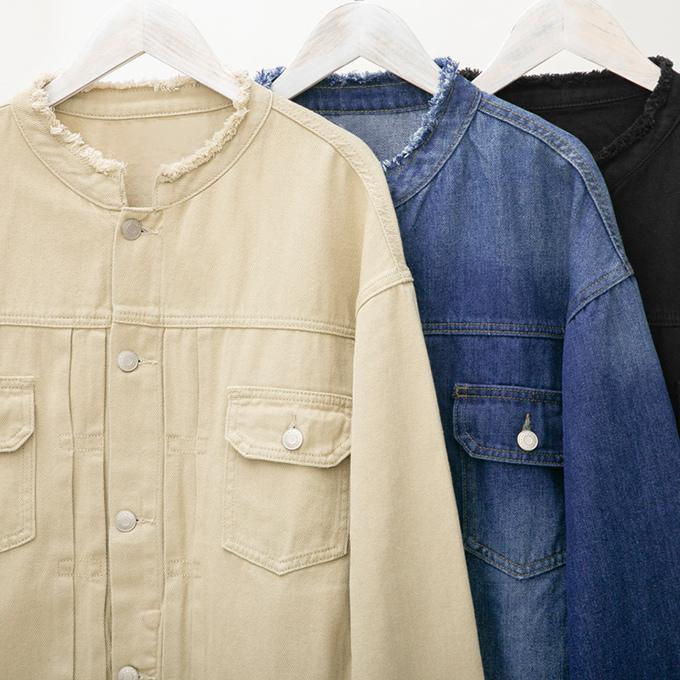 デニムジャケット レディース コットン ノーカラー 長袖 アウター デニムコート トップス M L|karei|03