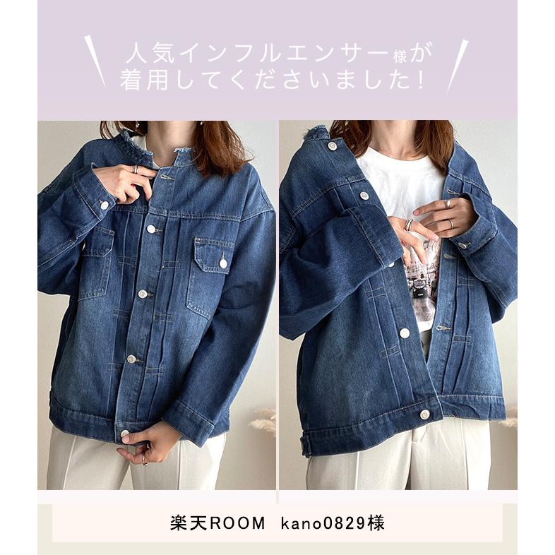 デニムジャケット レディース コットン ノーカラー 長袖 アウター デニムコート トップス M L|karei|05