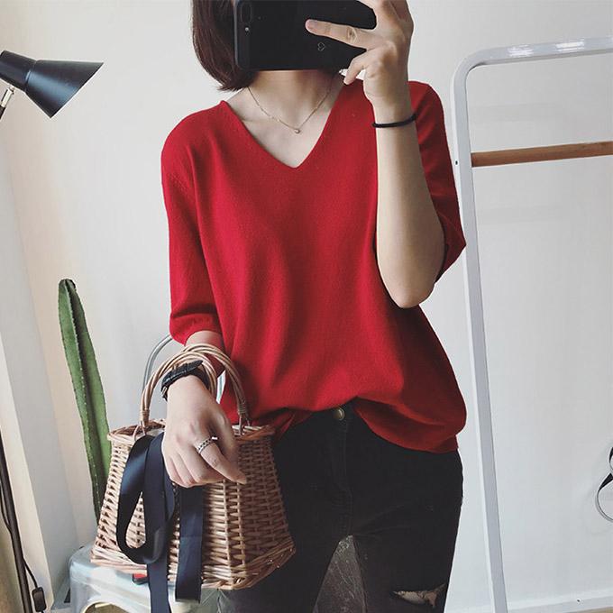 即納 tシャツ カットソー サマー ニット Tシャツ Vネック レディース