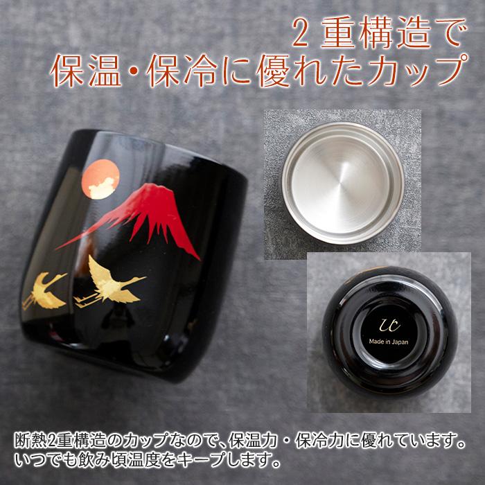 カップ　木箱　名入れ　プレゼント　ギフト　長寿祝い 名入れ木箱入り 漆磨(シーマ) 赤富士に鶴 2重ロックカップ メイド・イン・ツバメ ステンレスカップ UV | 名入れギフトKARIN | 07