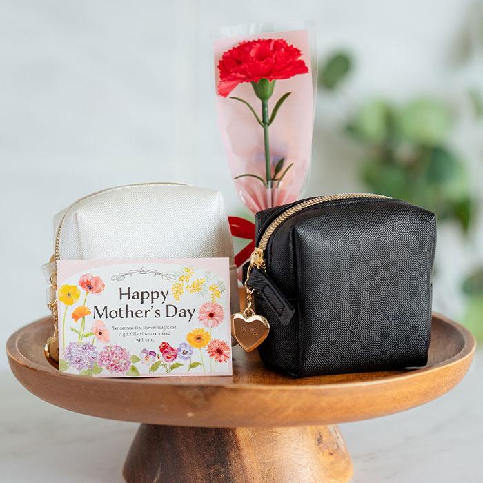 母の日　ポーチ　ケース　スクエアポーチ　チャーム　プレゼント　ギフト　誕生日　記念品　リングカラビナ付き スクエアポーチ 名入れ ハートチャーム 付き UL | 名入れギフトKARIN