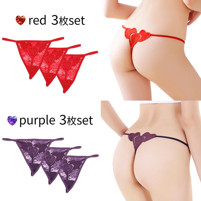 Tバックショーツ 3枚セット ハートモチーフ レース レディース 花柄