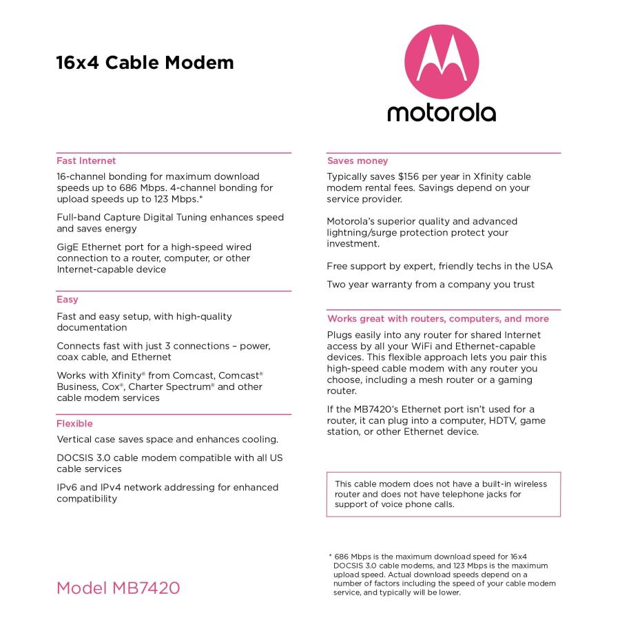 大阪公式店 Motorola 16x4 Cable Modem， Model MB7420， 686 Mbps DOCSIS 3.0， Certified by Comcast XFINITY， Charter Spectrum， Time Warner Cable， Cox， BrightHouse， and