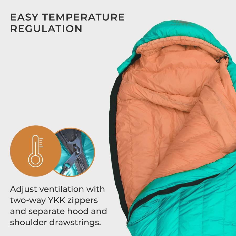 新品即決 Hyke ＆ Byke Eolus 15 F Hiking ＆ Backpacking Sleeping Bag - 3 Season， 800FP Goose Down Sleeping Bag - Ultralight - Mint/Tangerine - 72in - Short