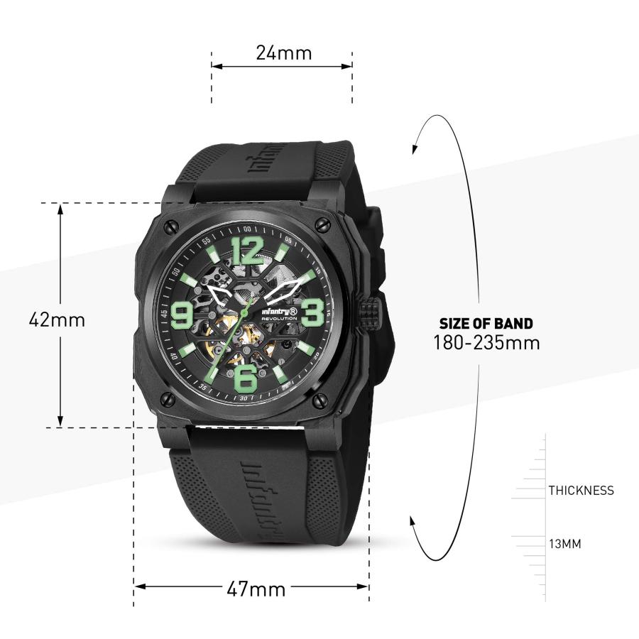 【美品】 Infantry メンズ スケルトン自動機械式腕時計 100m防水腕時計 カジュアルアウトドアスポーツ腕時計 ラバーバンド付き， グリーン， 機械式。 【EIM1119062376】(39744円)