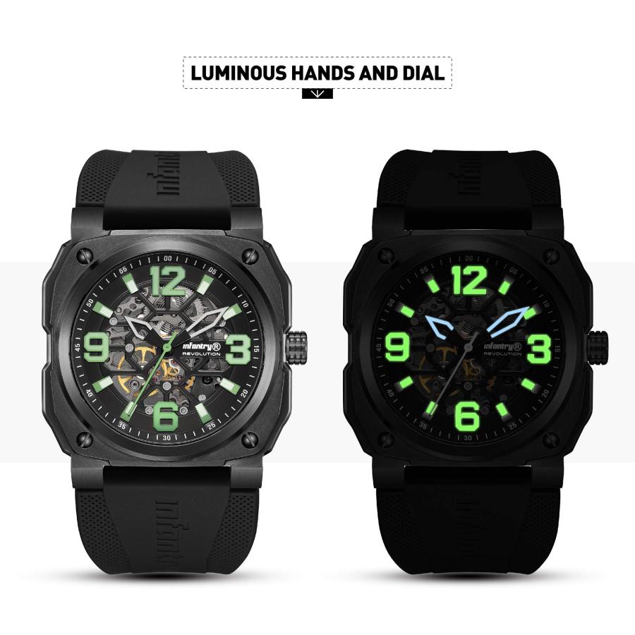 【美品】 Infantry メンズ スケルトン自動機械式腕時計 100m防水腕時計 カジュアルアウトドアスポーツ腕時計 ラバーバンド付き， グリーン， 機械式。 【EIM1119062376】(39744円)