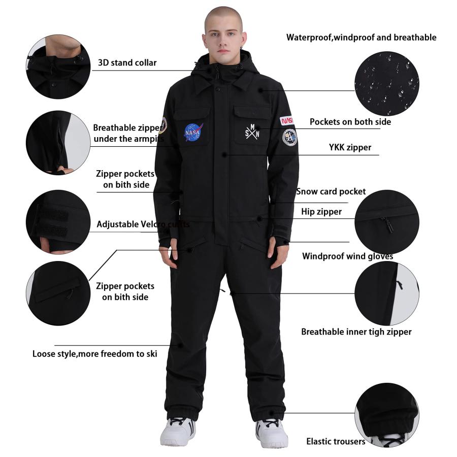 2022年春夏再入荷 Men´s One Piece Ski Suits Waterproof Snowsuit Insulated Ski Jumpsuit Snowboard Jacket for Snow Sport，Black M