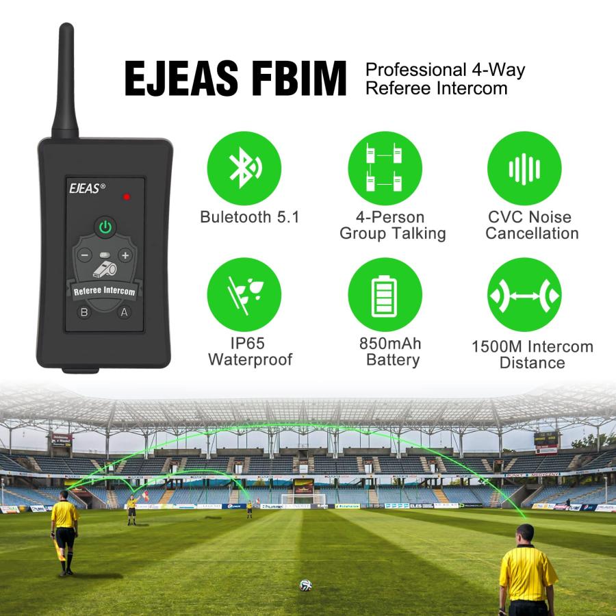 売値 EJEAS FBIM 4 Sets Professional Football Referee Bluetooth Intercom， 850mAh Full-Duplex 1500M Wireless Bluetooth Interphone with Noise Reduction Functi