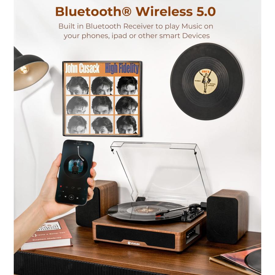 在庫限りの特価 Vinyl Record Player Turntable Bluetooth with 2 Stereo Speakers， Vangoa 3-Speed Belt-Driven Turntables for Vinyl Records Supports AUX-in， RCA Line， USB