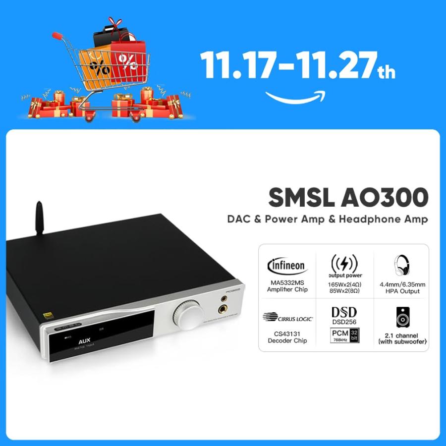 希少 SMSL AO300 MA5332MS 165Wx2 D級パワーアンプ ＆ CS43131 DACヘッドフォンアンプ、USB/COAX/OPT/BT/HDMI ARC/RCA入力から2.1chスピーカー/サブウーファー 4.4mm/