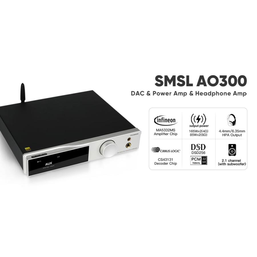 希少 SMSL AO300 MA5332MS 165Wx2 D級パワーアンプ ＆ CS43131 DACヘッドフォンアンプ、USB/COAX/OPT/BT/HDMI ARC/RCA入力から2.1chスピーカー/サブウーファー 4.4mm/