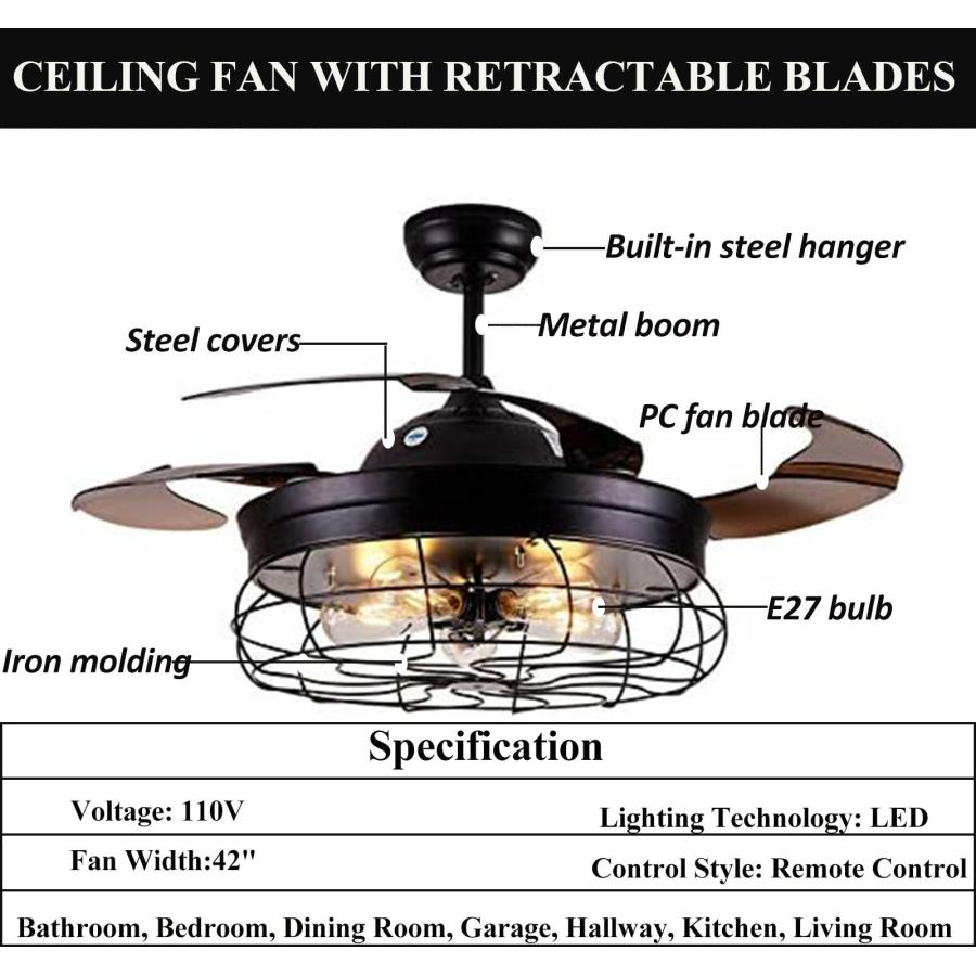 天文学者は TFCFL Ceiling Fan with Lights Industrial Ceiling Fan with Retractable Blades， Vintage Cage Ceiling Lights Fixture with Remote for Kitchen， Dining Room