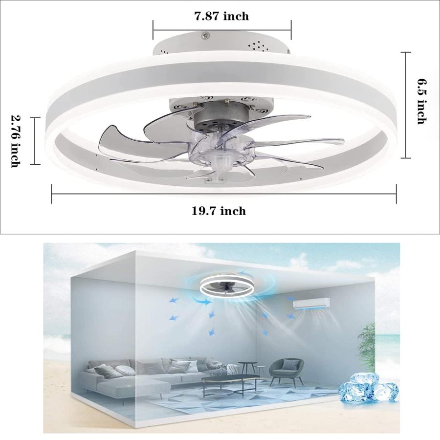 日本 JLPAN 19.7 Ceiling Fan with Lights Remote Control，3 Color Dimmable LED 6 Speeds Reversible Blades Bladeless Ceiling Fan， Semi Flush Mount Low Profile