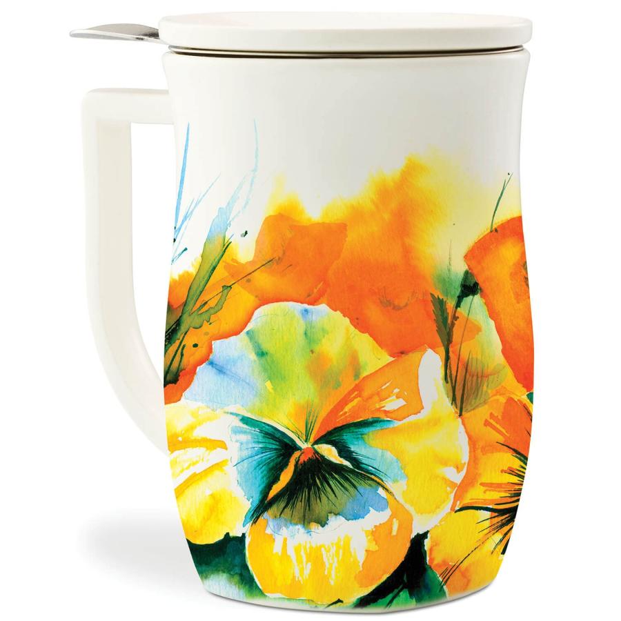 Tea Forte Fiore Ceramic Tea Mug with Infuser and Lid, Wild Poppy, 14 oz