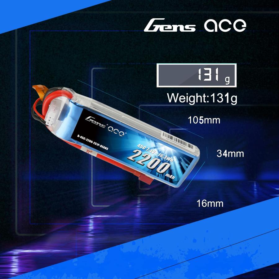 超安い  Gens ace 7.4V 2200mAh 2S 45C リポバッテリーパック ディーンズプラグ 70MM EDF RC飛行機 450ヘリコプター RCボート用