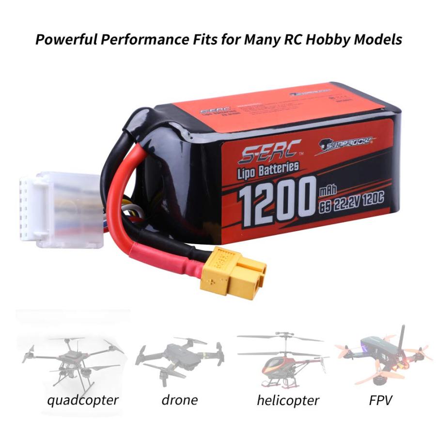 毎回完売 SUNPADOW 6S 22.2V リポバッテリー 1200mAh 120C XT60コネクター付き RC FPV クアッドコプター 飛行機 ヘリコプター 航空機 レーシング用 (2パック)