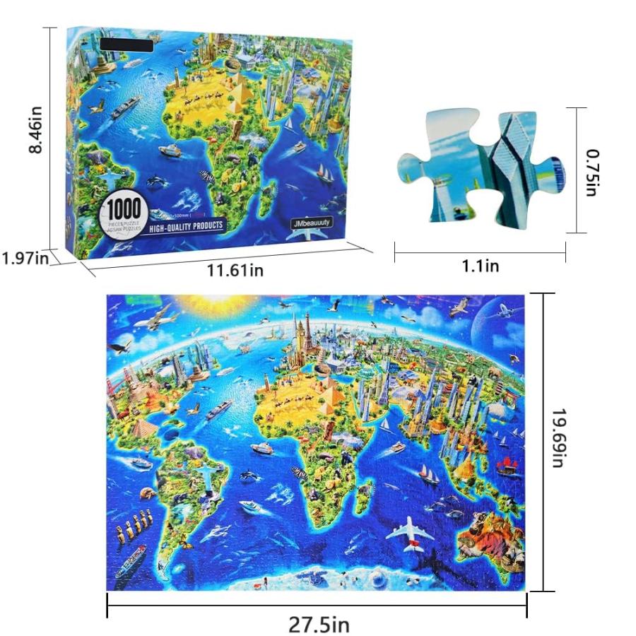 最安価格 世界地図 ランドマーク パズル 1000ピース ジグソーパズル 大人用 ファミリーゲーム 室内装飾 27.5 x 19.7インチ