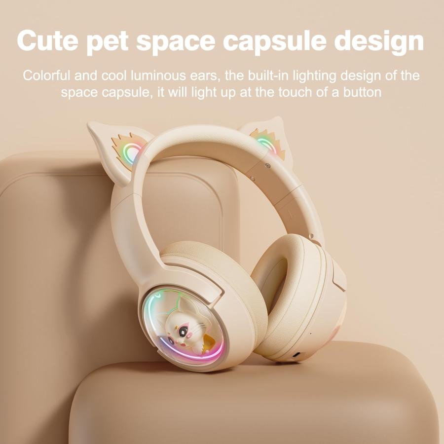 売れ済特注 PHNIXGAM Cute Cat Bluetooth Headphones， Wireless ＆ Wired Mode Headset with Mic， RGB LED Light， for Girls Women School Gaming， Compatible with Mobile