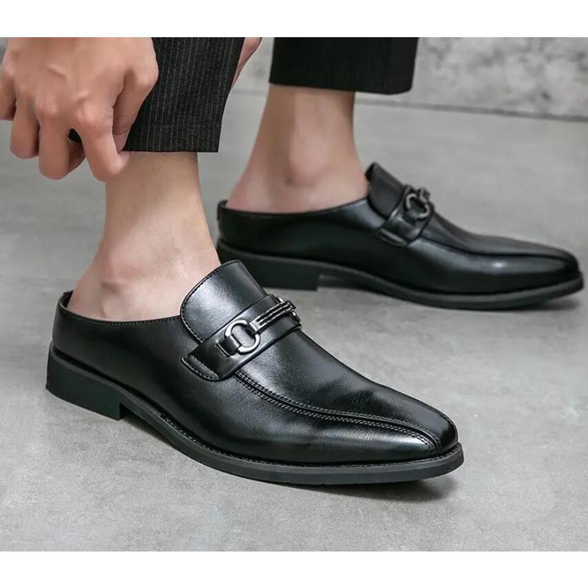 かかとなしビジネスシューズ オフィスサンダル メンズ スリッポン かかと無し スリッパ レザー 通気 軽量 カジュアル 履きやすい 春夏 靴 黒 最愛