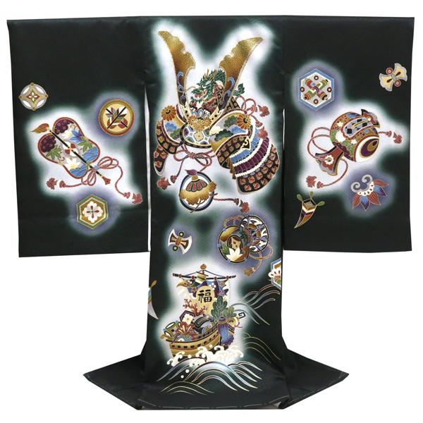 15%OFFセール 産着 男の子 お宮参り 深緑色 兜 龍 宝船 正絹 新品 購入