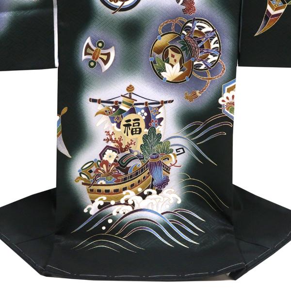 15%OFFセール 産着 男の子 お宮参り 深緑色 兜 龍 宝船 正絹 新品 購入