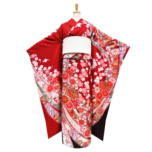 15%クーポンあり 振袖 販売 滝泰 絞り 仕立て付き 赤 新品 購入 古典柄 熨斗 毬 菊 枝垂れ桜 着物 未仕立て 成人式 卒業式 絹 f-583の画像
