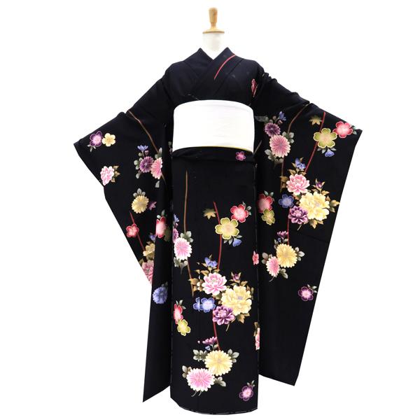 20%OFFセール 振袖 黒 仕立て付き 新品 販売 購入 古典柄 牡丹 菊  