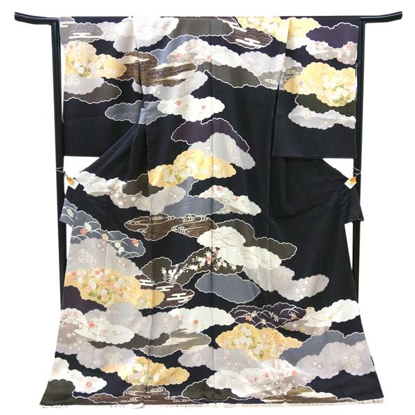 十日町有名染織匠 正絹 訪問着 お仕立て付き 着物 友禅 未仕立て 新品 販売 購入 袷 単衣 雲取り 紫黒色 金彩 フォーマル 絹 h-336