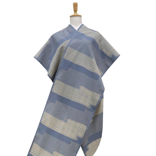 久留米絣 着物 仕立て付き 着尺 反物 単衣 販売 購入 新品 紬 絣 エ霞 灰青 坂田織物 伝統的工芸品 お綿 久留米かすり tu-71の画像