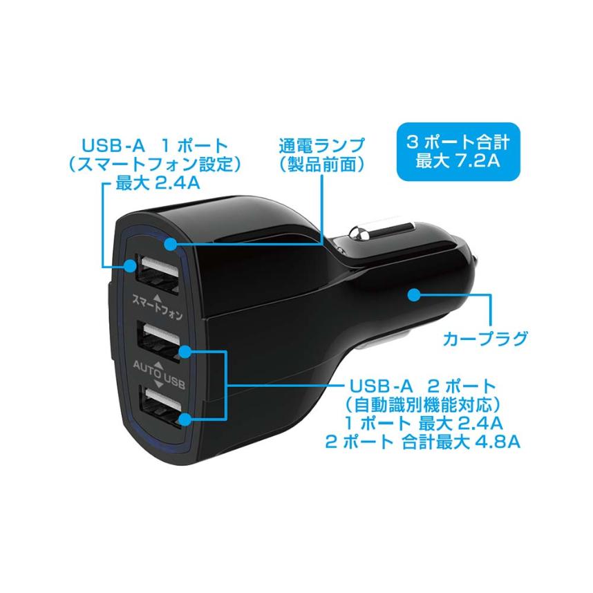 最大合計7.2A出力 USB-A 3ポート搭載 DC充電器(DC045) |  | 02