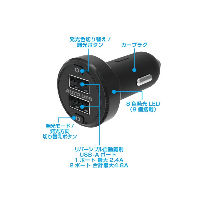 360°発光アンビエントライト搭載。合計最大4.8A出力 リバーシブルUSB×2ポート DC充電器(DC049) |  | 03