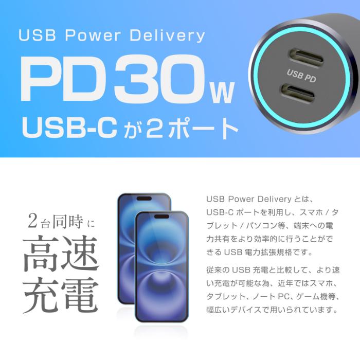 最大合計60W出力 USB PD 最大30W×2ポート搭載 DC充電器(DC064) |  | 04