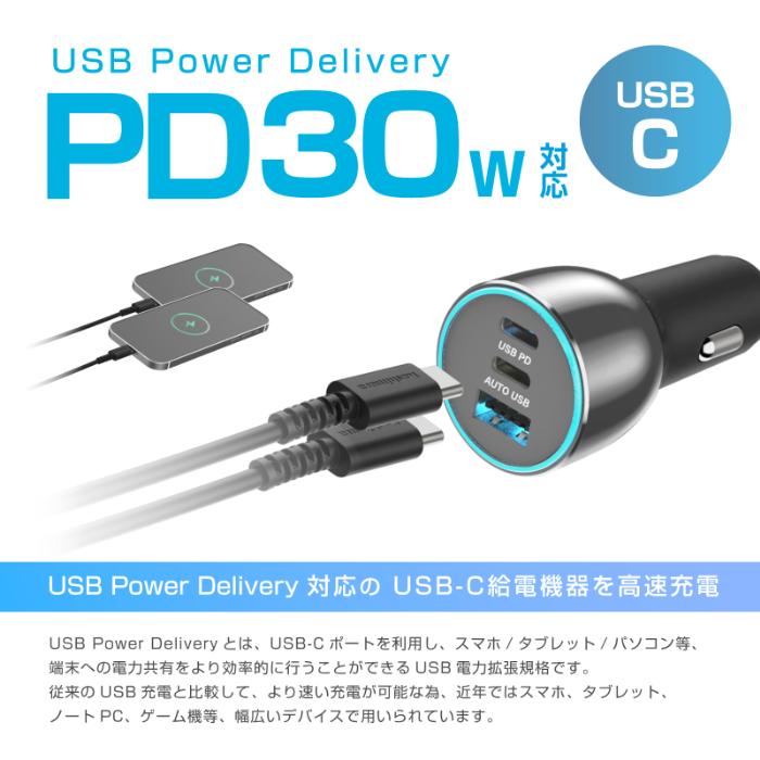 最大合計78W出力 USB PD 最大30W×2ポート/USB-A×1ポート搭載 DC充電器(DC065) |  | 06