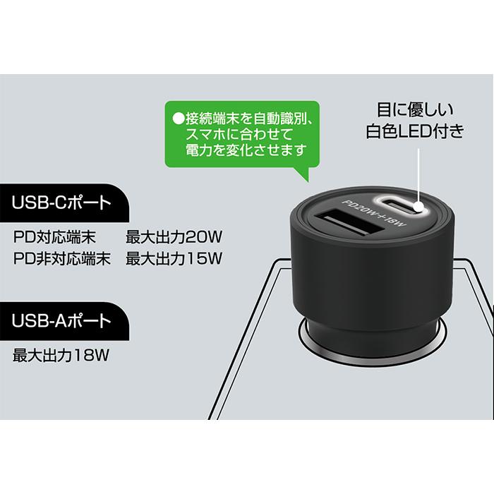 最大合計38W出力 USB-A 1ポート/USB Type-C 1ポート搭載 DC充電器(DC067) |  | 02