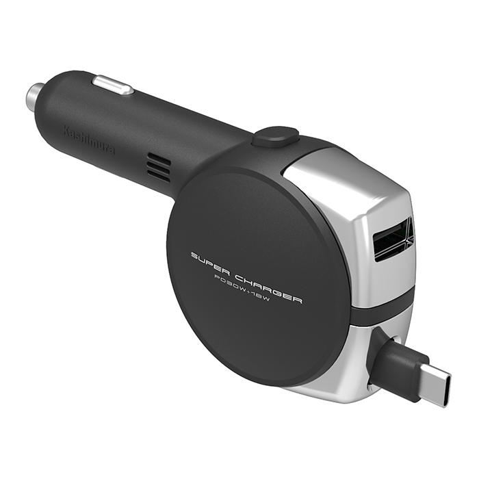 リバーシブルUSB-Aポート付きリール式DC充電器。高速充電対応 合計最大出力48W【Type-C】(DC070) | 
