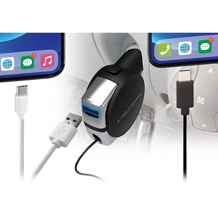 リバーシブルUSB-Aポート付きリール式DC充電器。高速充電対応 合計最大出力48W【Type-C】(DC070) |  | 01