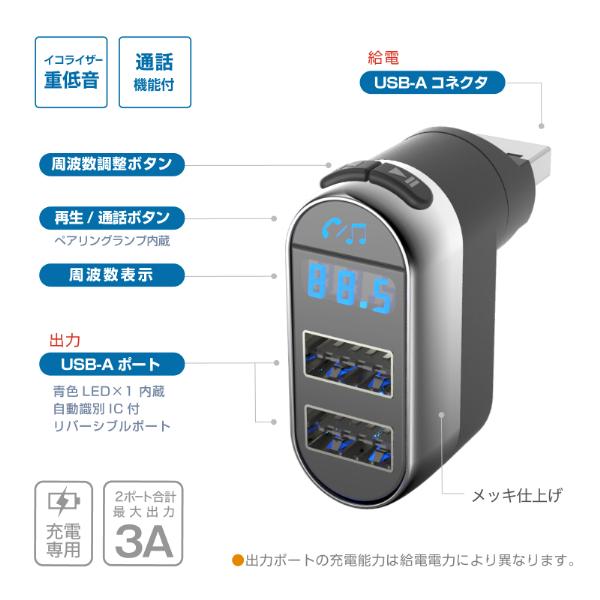 USB給電式。Bluetooth FMトランスミッター フルバンド USB-A×2ポート付(KD250) |  | 03