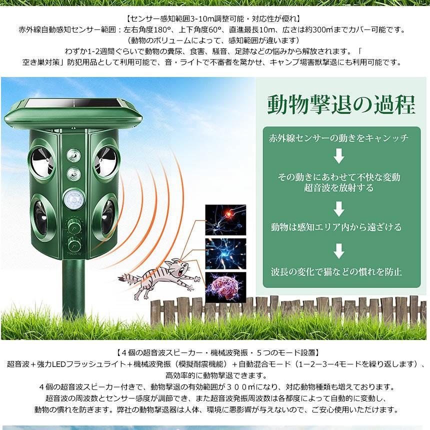 動物撃退器 害獣撃退 4個超音波スピーカー 広範囲 強力LEDフラッシュ